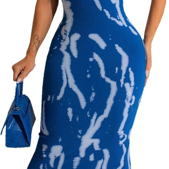 Dresses & Skirts - Women's Blue Sleeveless Bodycon Dress Maxi Halter Party Club Casual